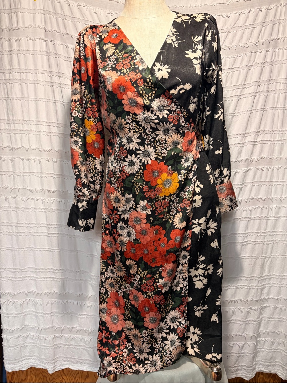 Zara Black Floral Midi Wrap Dress with Red & Yellow Blooms